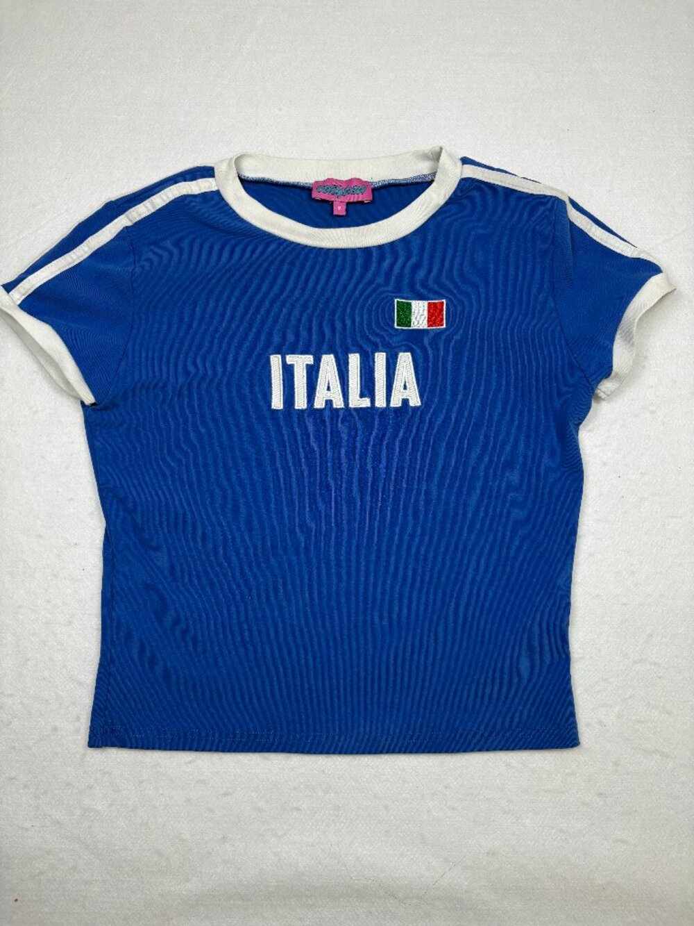 Edikted Italia Graphic Tee Blue White Sporty Chic Blokecore Retro Athletic Sz M